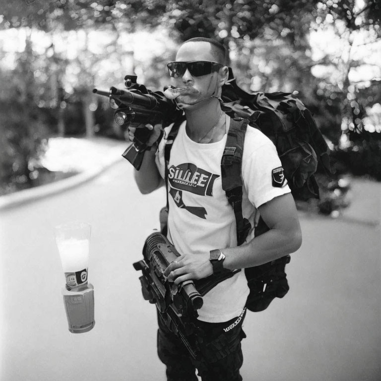 Man in sunglasses with camera and drink, wearing casual attire