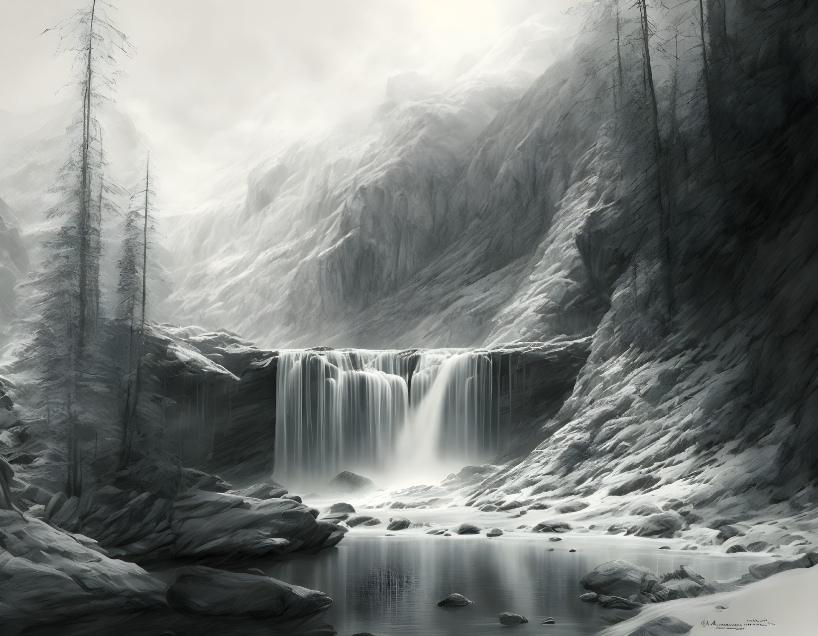 Tranquil Monochromatic Winter Waterfall Scene