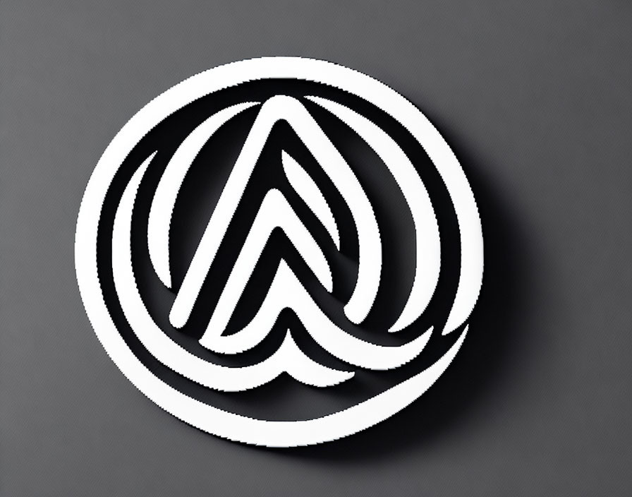 Circular black and white logo with looped ribbon design on grey background