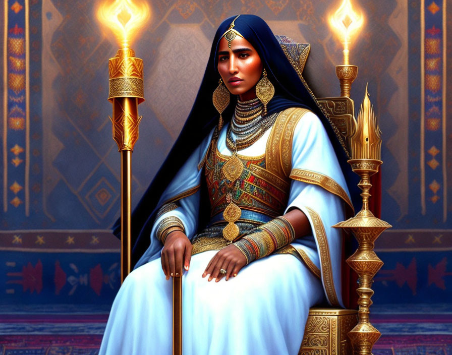 Regal woman in traditional attire with gold jewelry on throne with torches.