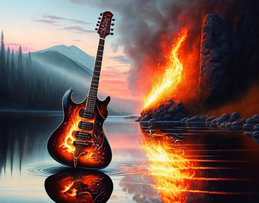 Fiery Design Electric Guitar by Lake at Dusk