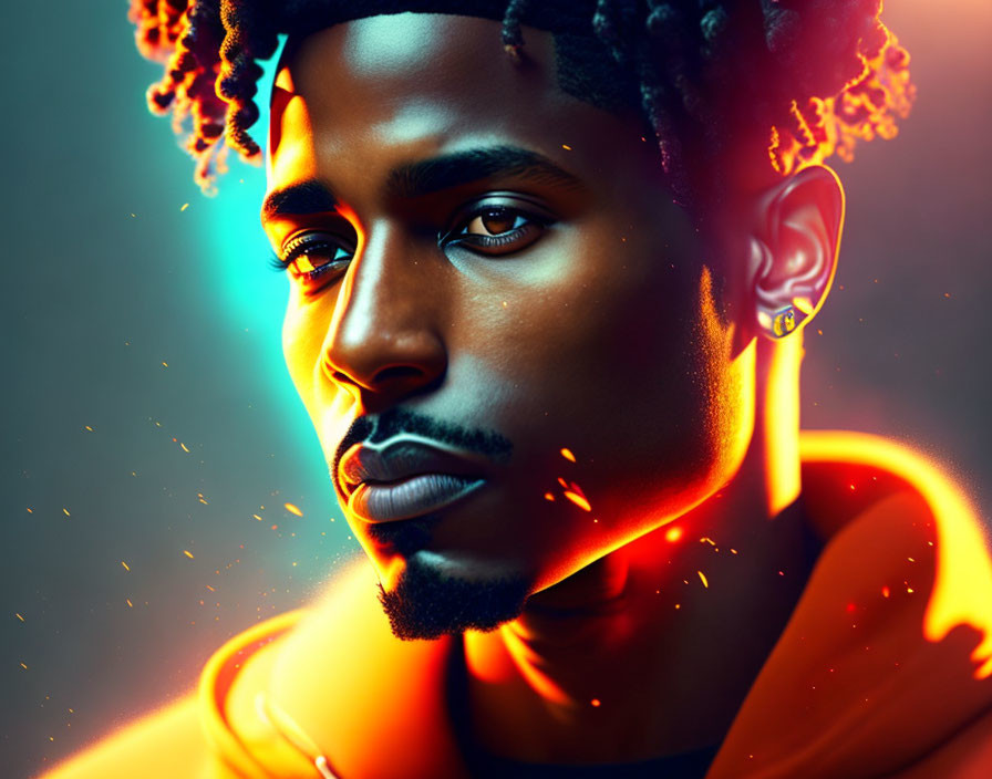 Vibrant digital art portrait with striking contrast and warm lighting.