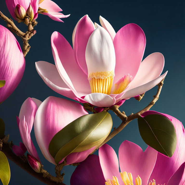 Vibrant Pink and White Magnolia Flower in Full Bloom with Visible Stamens