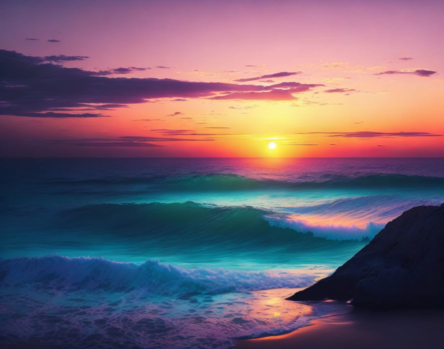 Colorful Beach Sunset with Purple and Pink Hues Reflecting on Waves