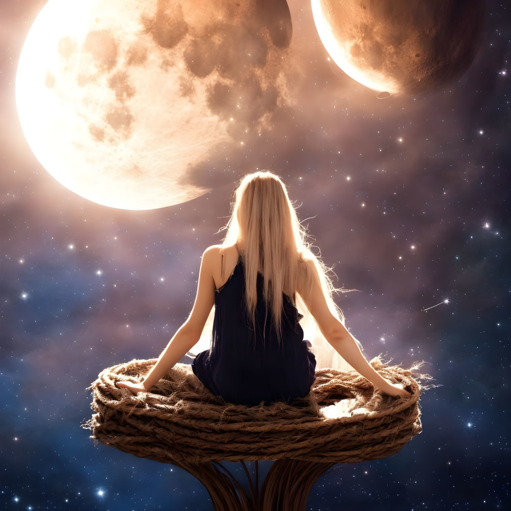 Blonde woman sitting in giant nest under two full moons