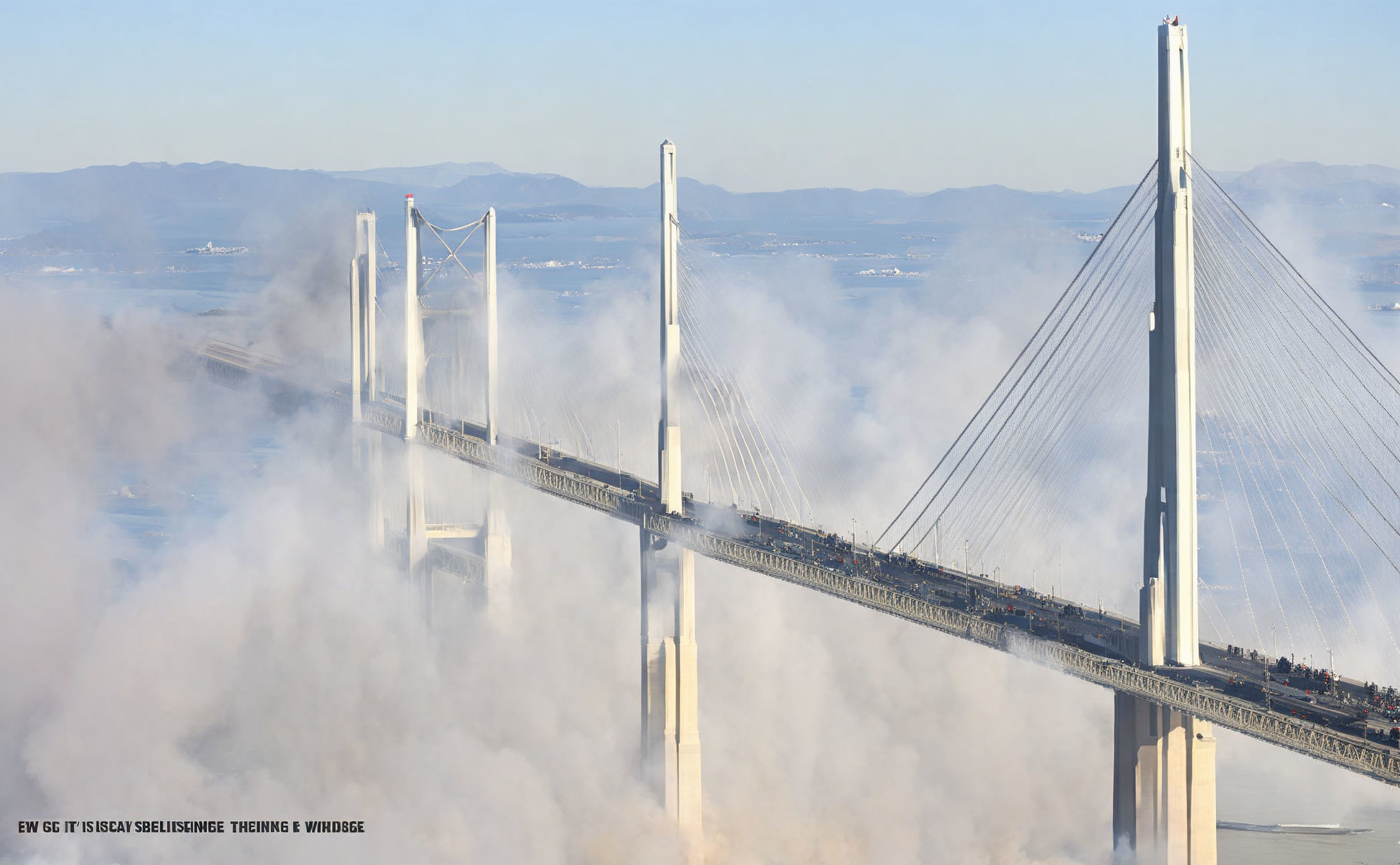 Long Suspension Bridge Over Clouds: Aerial View of Towering Pillars Amid Traffic on Foggy