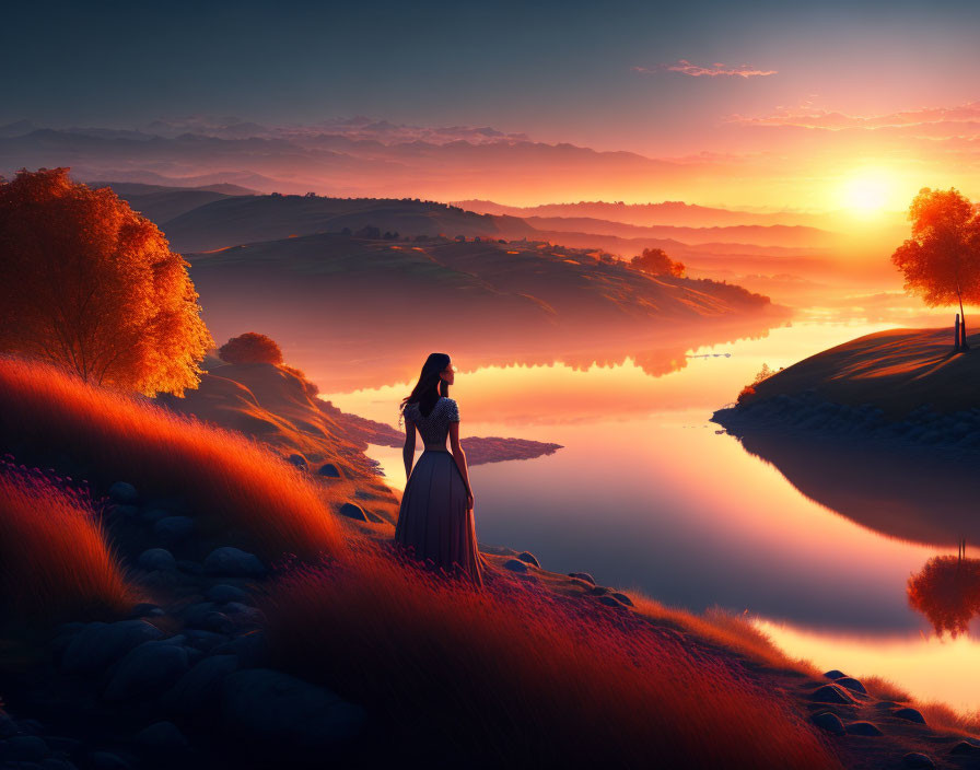 Woman in dress by serene lake at sunset with autumn trees and rolling hills