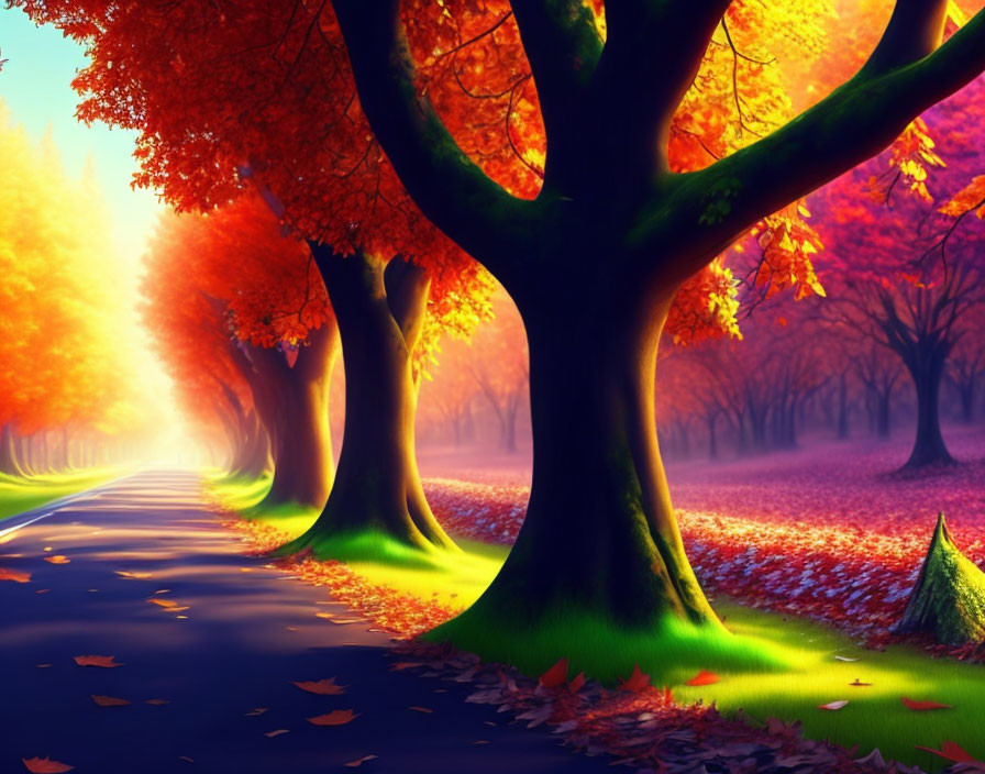 Colorful autumn scene with tree-lined road and red/orange leaves.