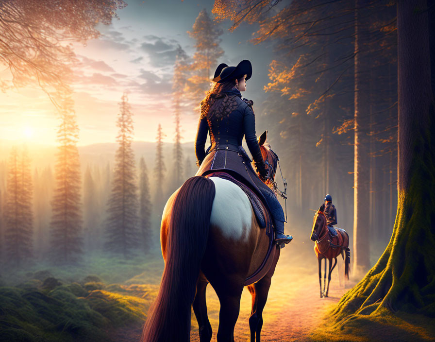 Elegant woman on horseback leading through sunlit forest path