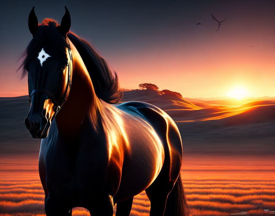 Black horse in sunset with flying birds and rolling dunes