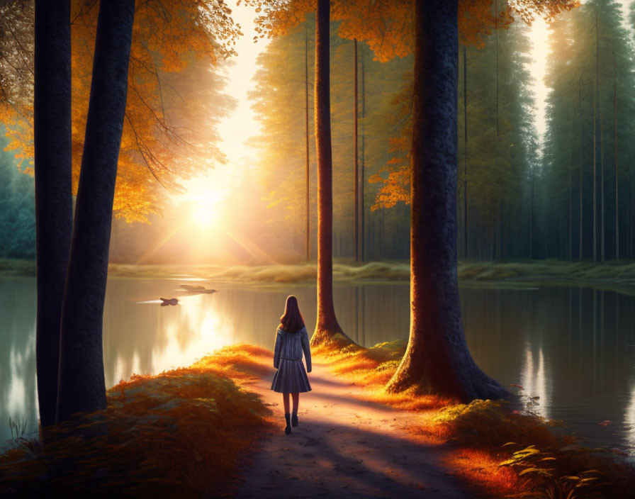 Girl walking by forest lake at sunrise with golden light.