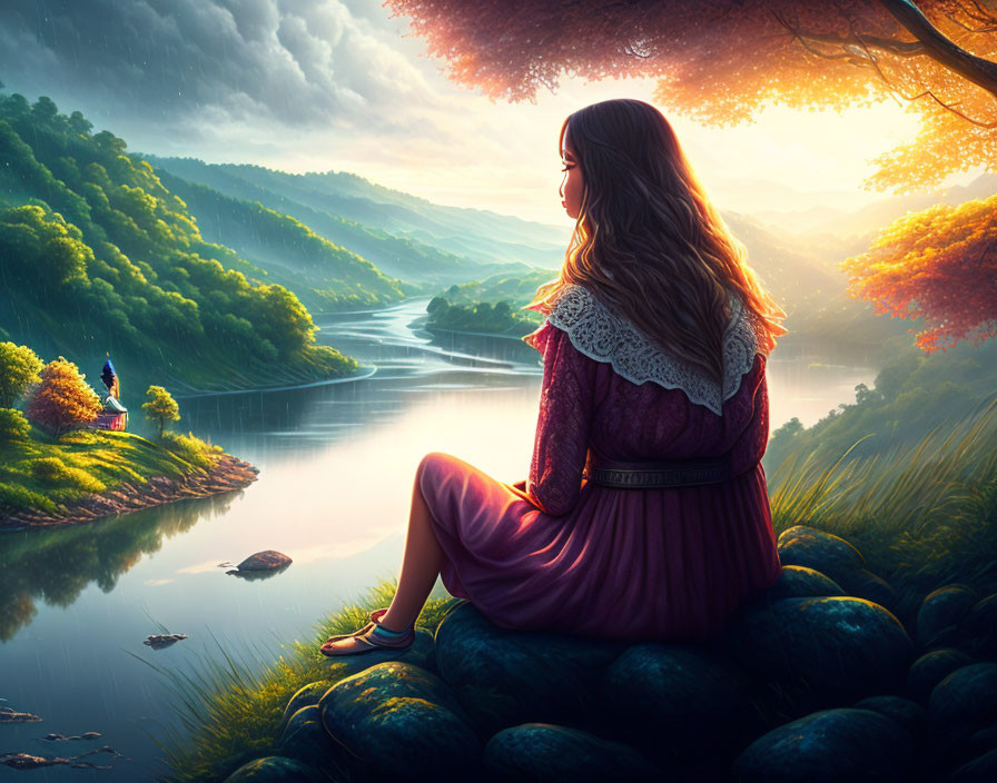 Woman sitting by serene river during picturesque sunset