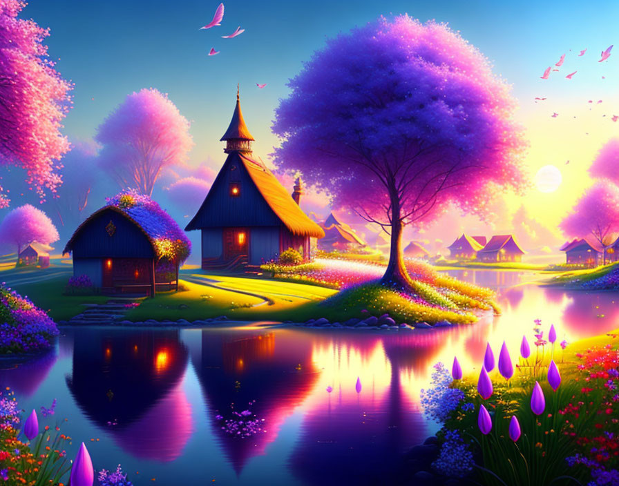 Vibrant fantasy landscape with tranquil village and purple trees