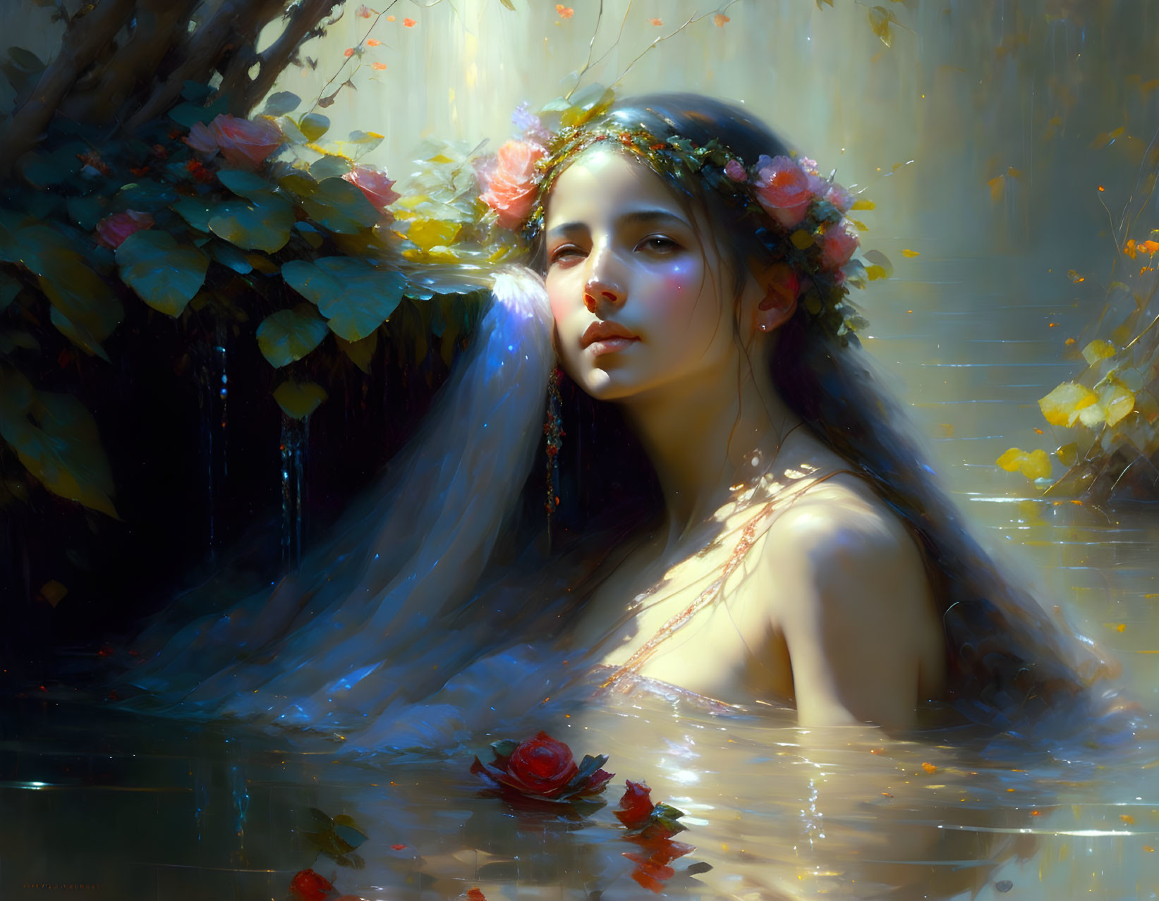 Young woman with floral crown in dreamlike painting surrounded by water and roses