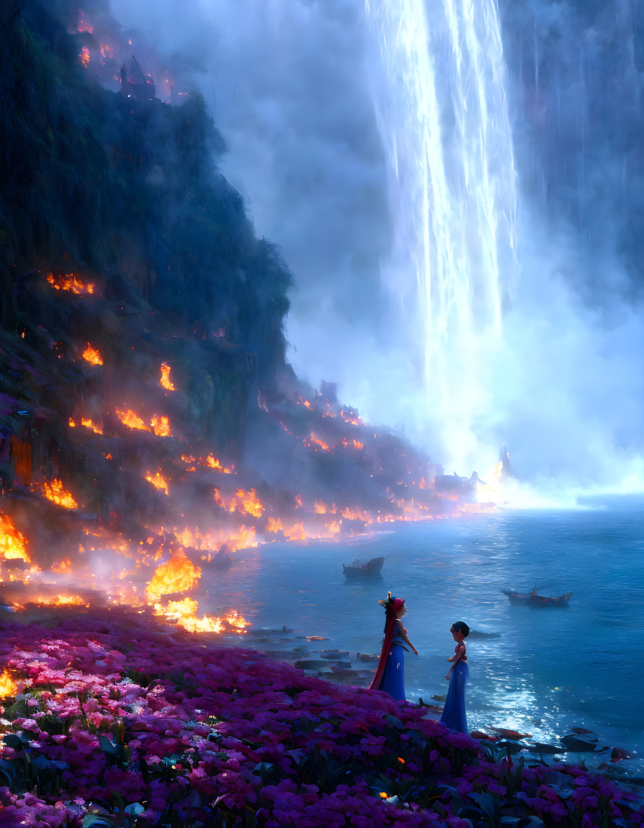 Fantastical scene: Characters by waterfall, fiery landscape, boats, purple flowers, dusky sky