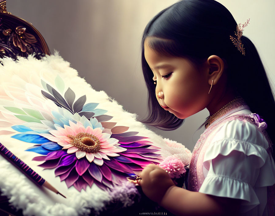 Young girl in pink dress with paper flower artwork and vintage chair