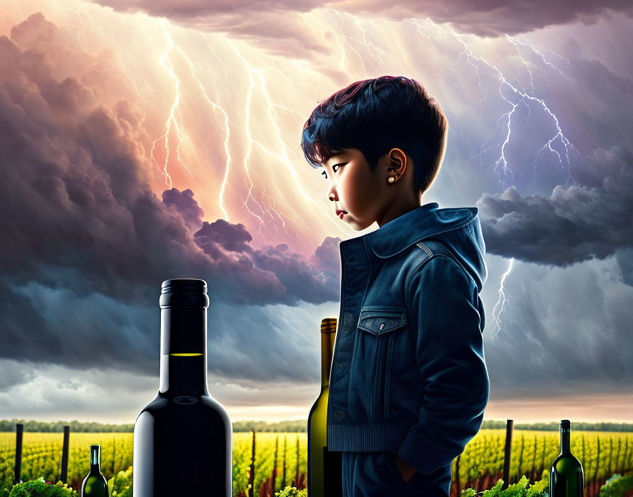 Boy in denim jacket under stormy sky with lightning over wine bottle field