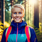 Blonde person in colorful jacket smiles in sunlit forest