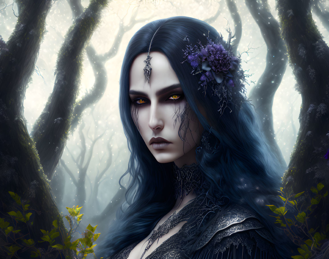 Blue-haired female figure in dark attire in misty forest