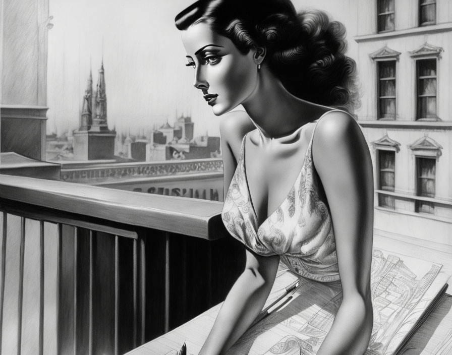 Stylized woman with classic hairdo gazing out window on balcony with city skyline.