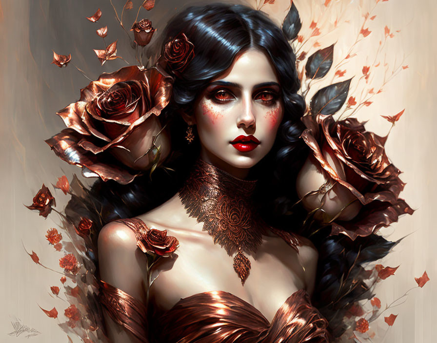 Digital Artwork: Woman with Dark Hair, Red Lips, Roses, and Leaves