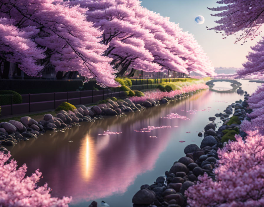 Tranquil river with pink cherry blossoms, purple sky, and moon