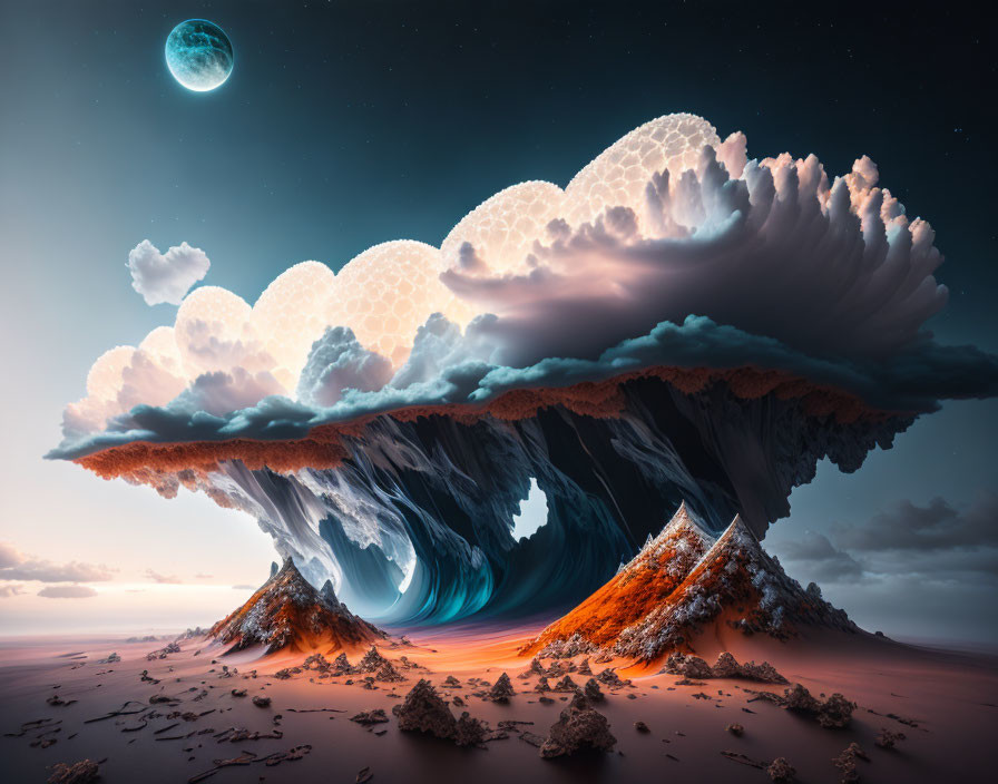 Surreal desert landscape with colossal cloud structures and large moon