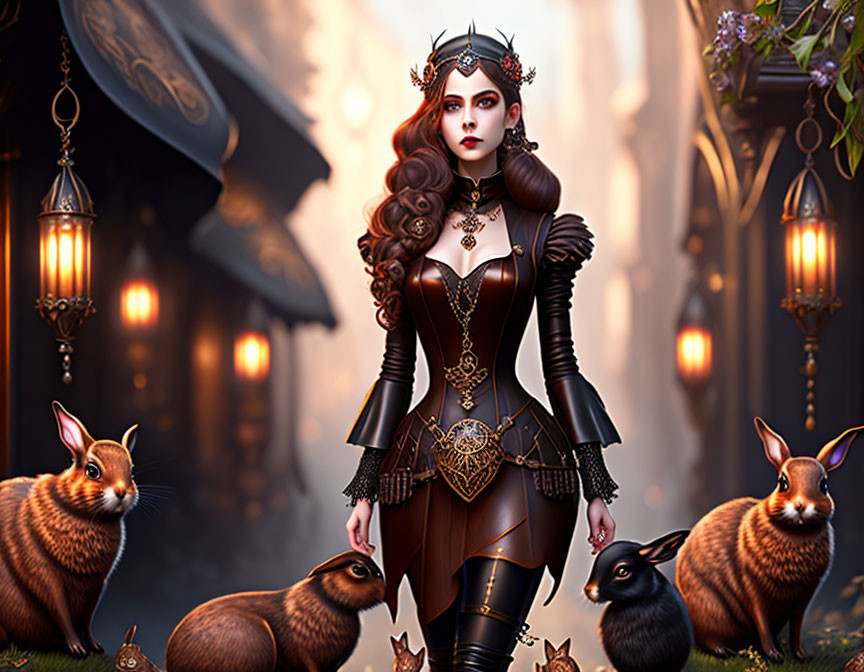 Gothic woman in ornate clothing with realistic rabbits in lantern-lit fantasy scene