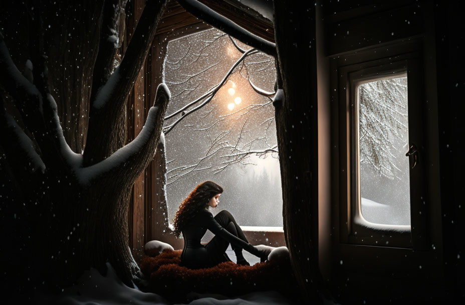 Woman by Open Window Observing Snowy Night Scene