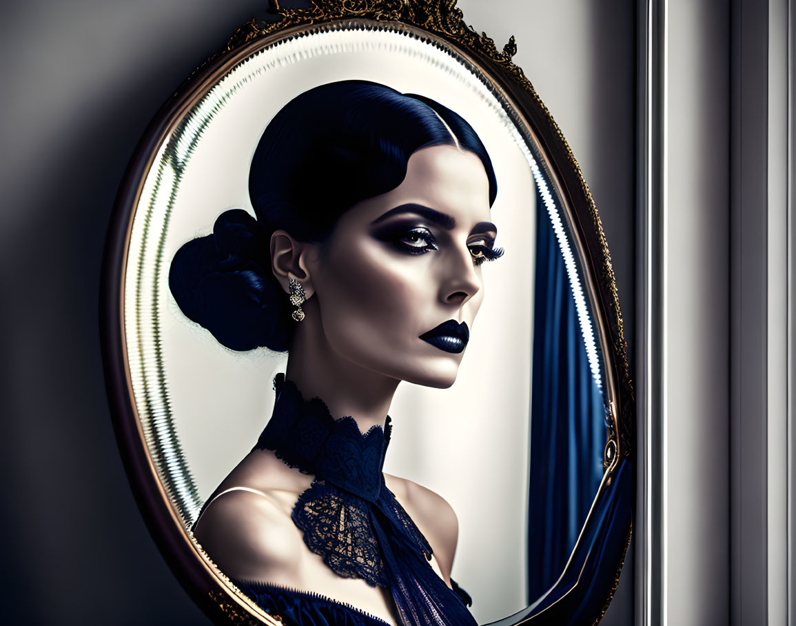 Stylized portrait of woman with dark lipstick and updo hair in oval mirror against gray background