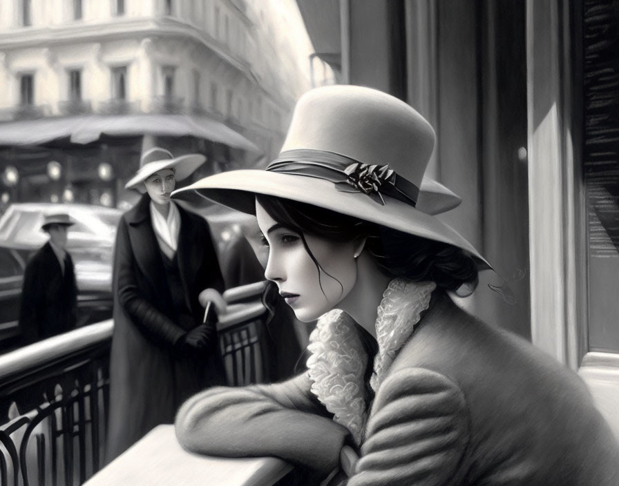 Monochrome image: Woman in wide-brimmed hat on balcony gazes thoughtfully.