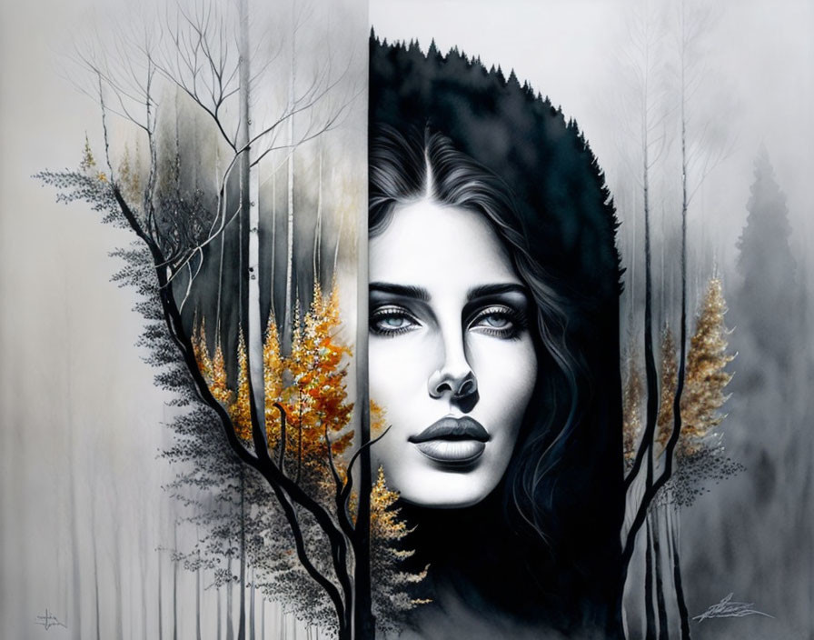 Monochromatic artwork: Woman's face merges with autumn forest scene