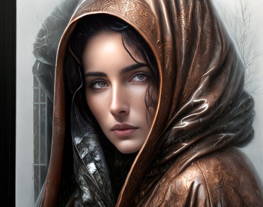 Detailed digital portrait of a woman in ornate bronze hood with deep-set eyes.