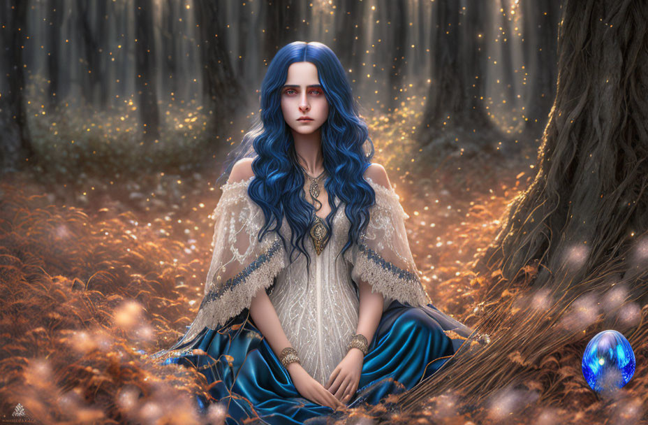 Fantasy illustration of woman with long blue hair in mystical forest