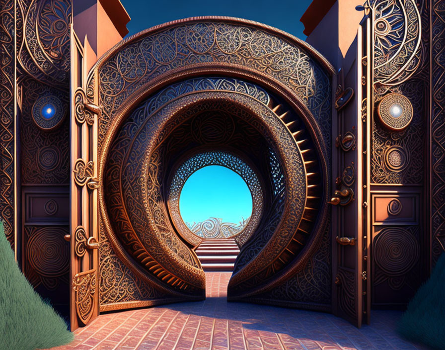 Detailed 3D-rendered fantasy gateway with metallic embellishments and stairway under twilight sky