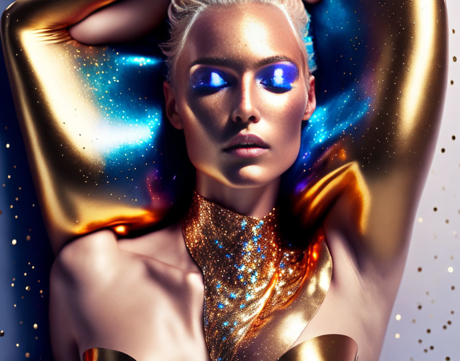 Woman in metallic gold body paint with sparkling blue eye makeup in cosmic setting