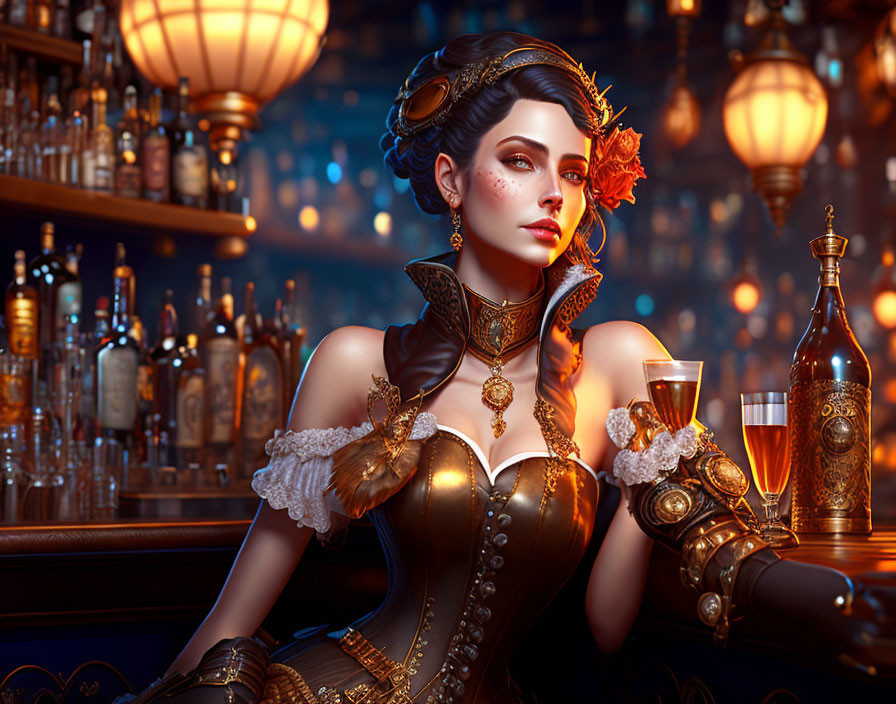 Victorian-style corseted woman with glass in bar ambiance