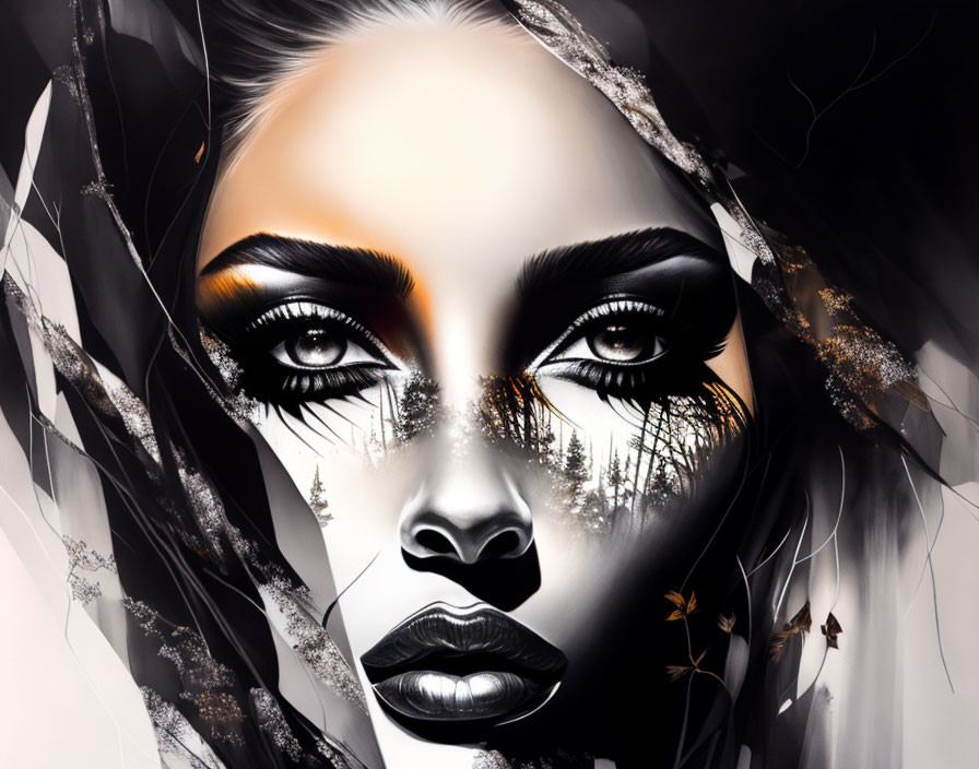 Portrait of Woman's Face Blending with Monochrome Forest and Golden Accents