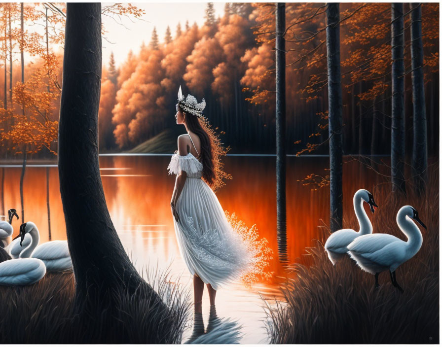 Woman in white feather dress by forest lake at sunset with swans and headdress.