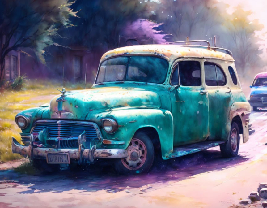 Vintage Turquoise Station Wagon on Sunlit Tree-Lined Street