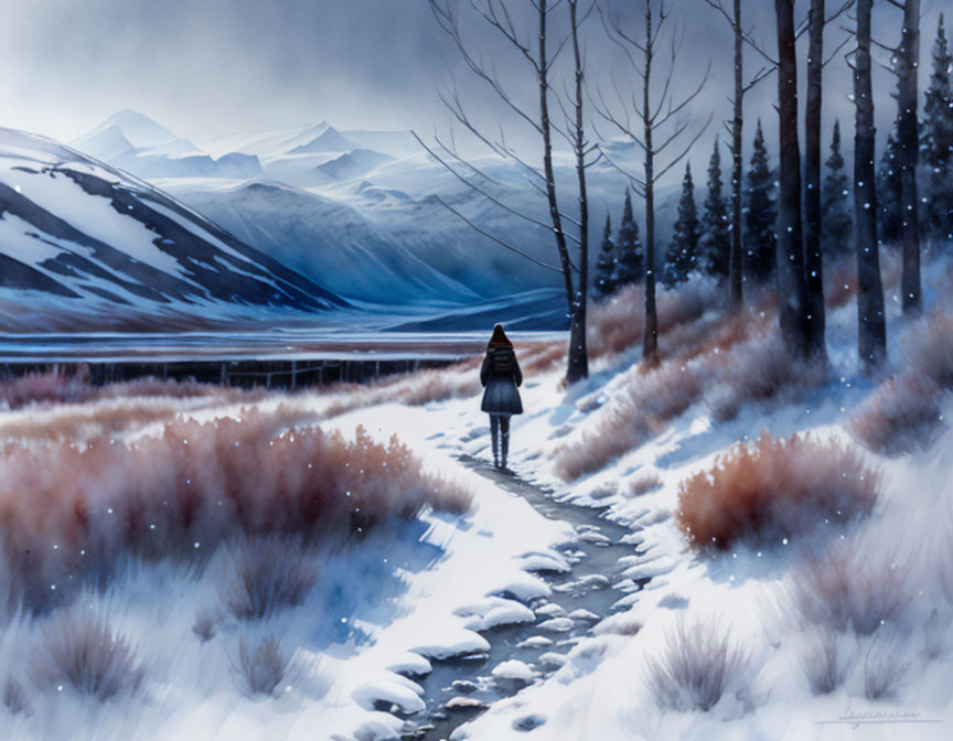 Snow-covered path with lone walker, bare trees, frozen mountains, and dusky sky