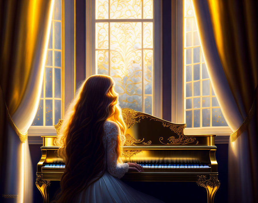 Red-haired woman at grand piano by large window in warm golden light