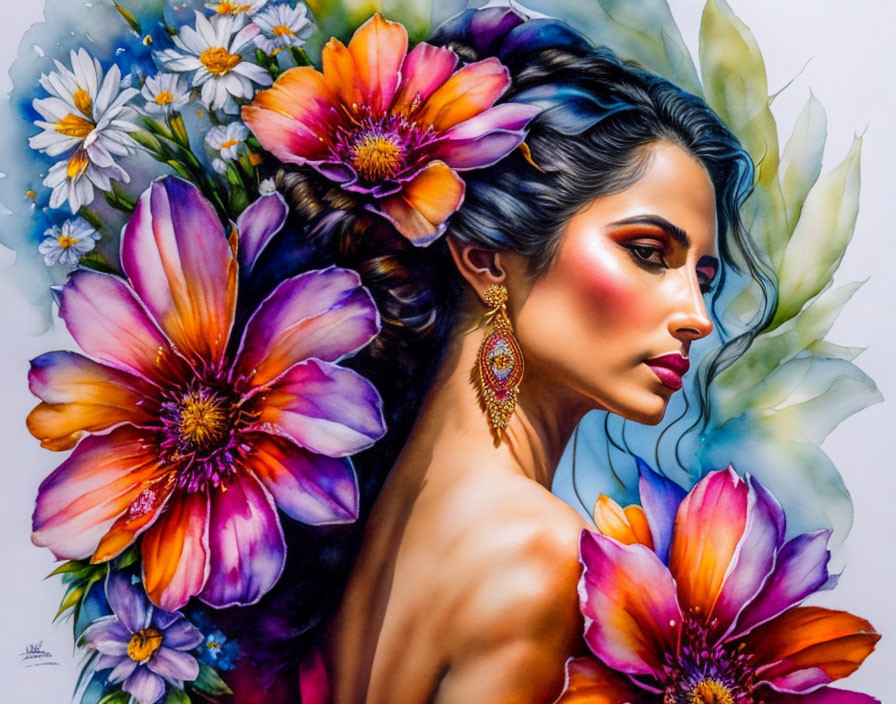 Vibrant portrait of a woman with floral hair blending nature's beauty