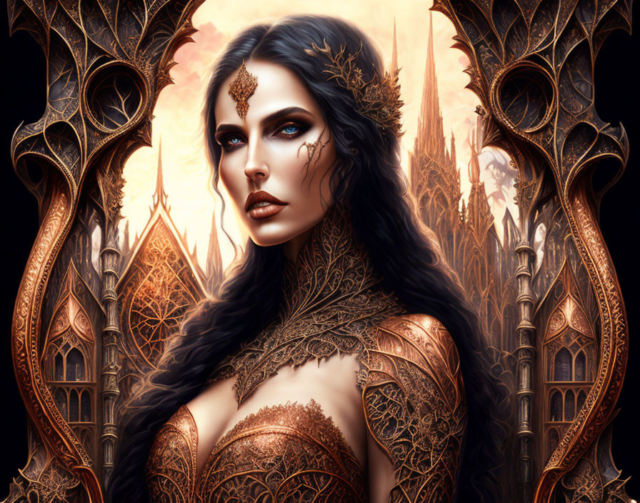 Fantasy female character in golden armor against gothic backdrop