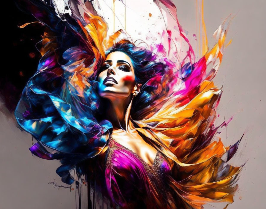 Vibrant woman with flowing hair in abstract paint splashes