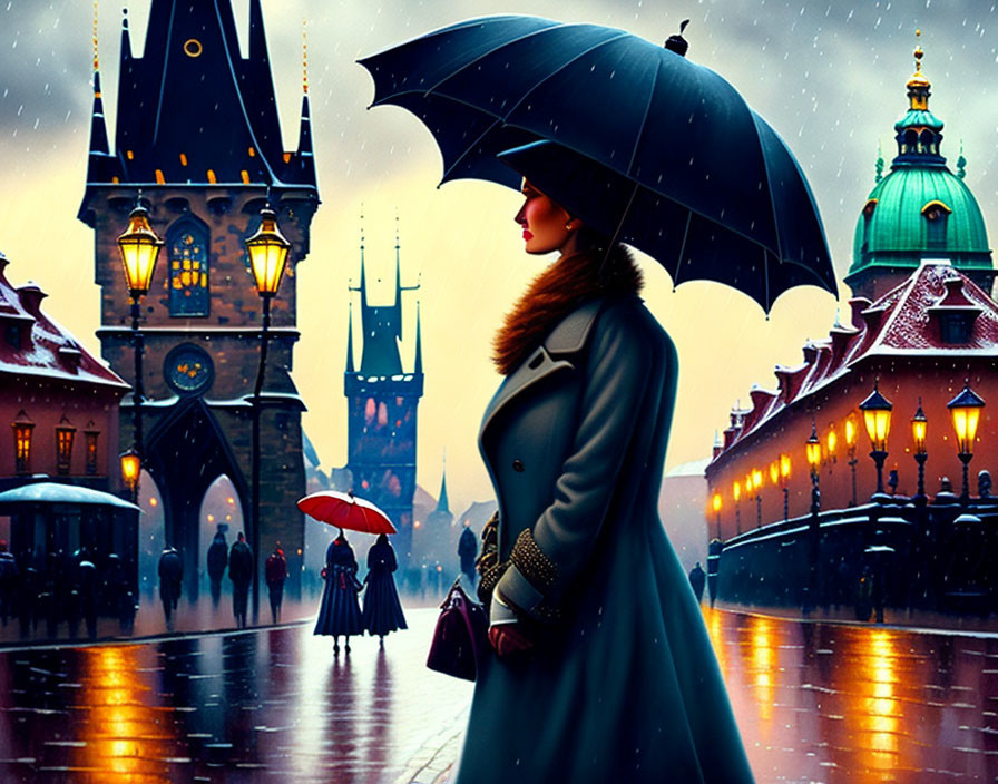 Woman with umbrella admiring illuminated cityscape under snowfall sky