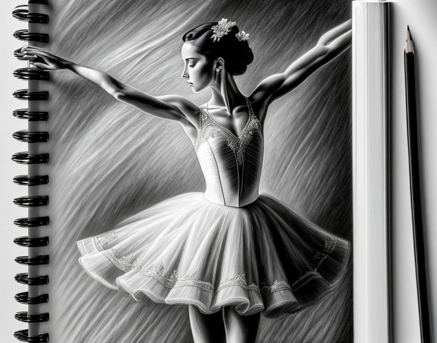 Monochrome ballerina sketch with extended arm and spiral notebook edge.