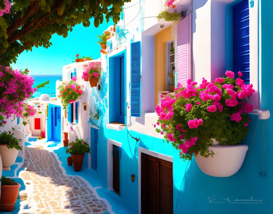 Picturesque Greek alley with blue and white buildings and pink flowers