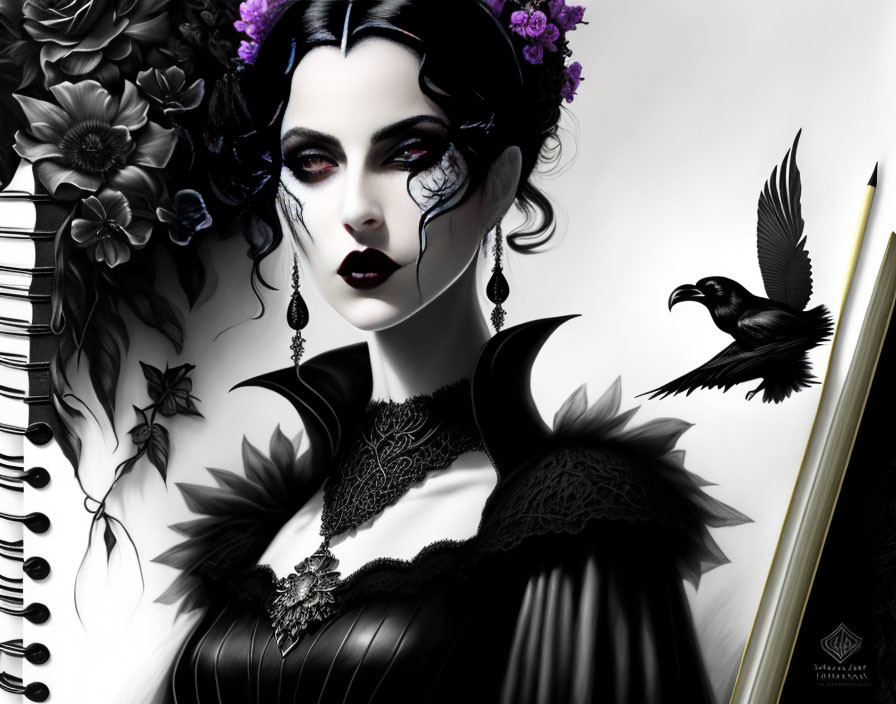 Gothic-style artwork of pale woman in dark makeup with crow and quill