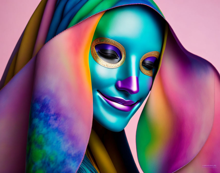 Colorful surreal portrait of masked person draped in flowing fabric